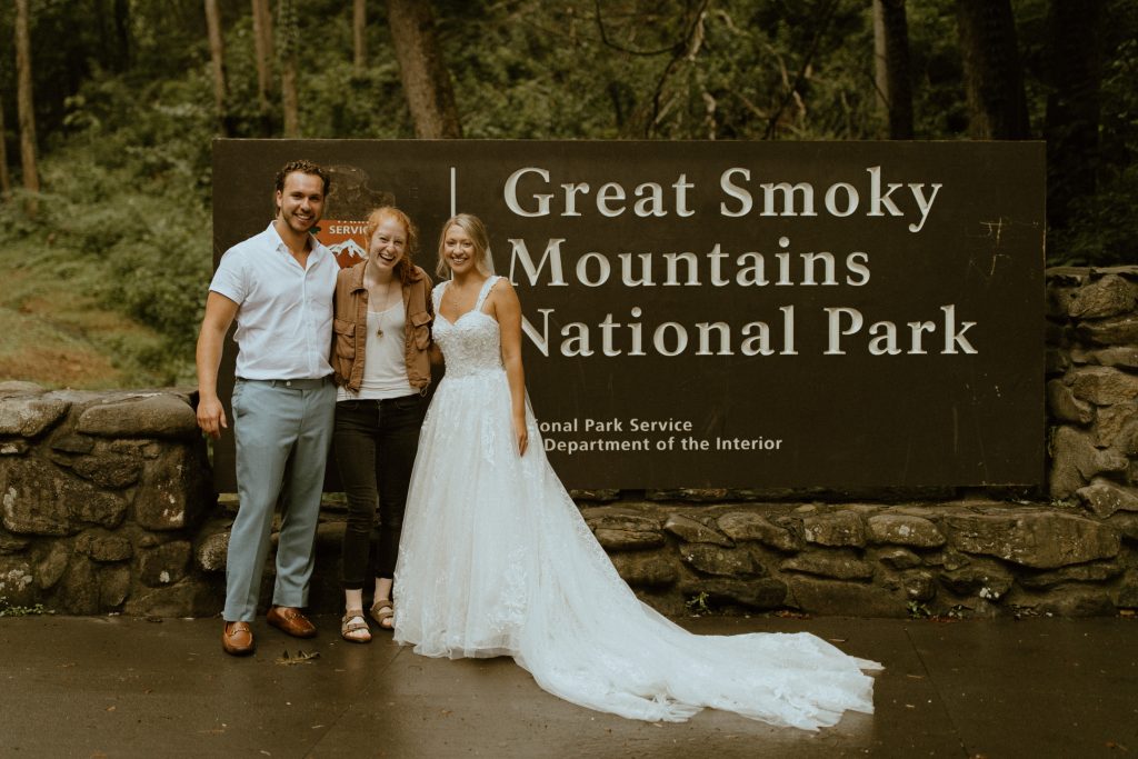 bride and groom with photographer in great smoky mountain national park