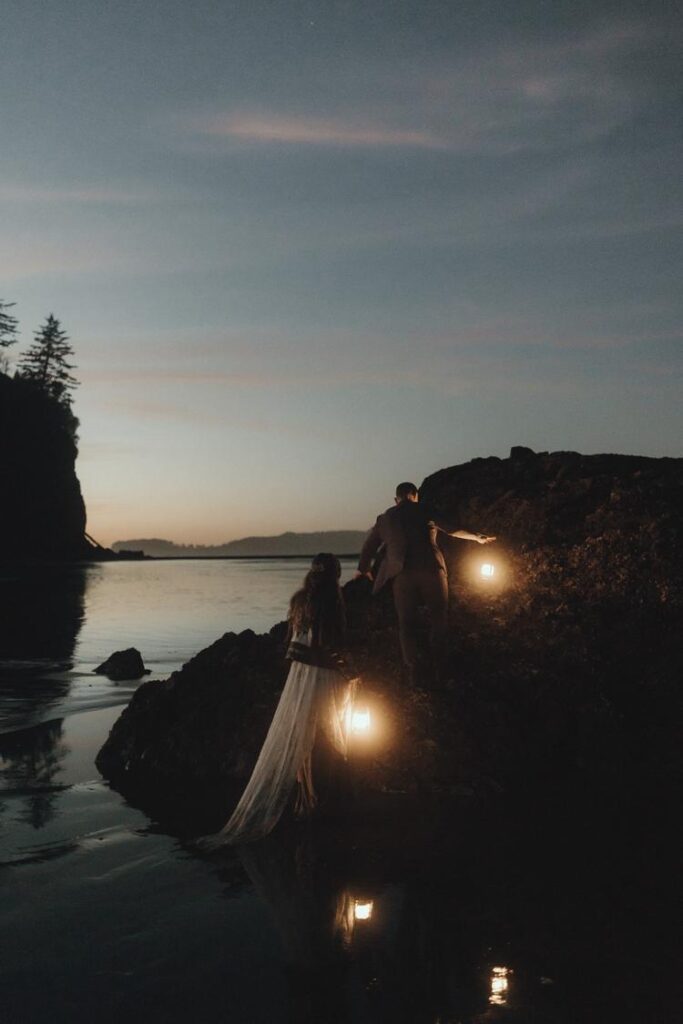 bride and groom elope on ruby beach at sunset in olympic national park