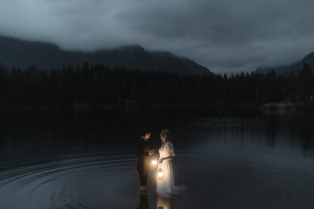 bride and groom elope in gold crest pond in a Washington Elopement in Snoqualmie Pass