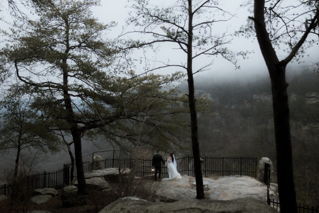 Eloping couple standing on rocks beneath a waterfall at Cloudland Canyon State Park surrounded by lush forest.