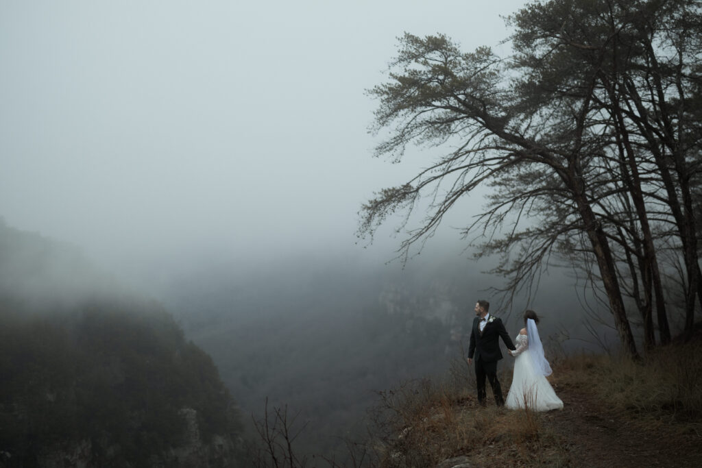 Eloping couple standing on rocks beneath a waterfall at Cloudland Canyon State Park surrounded by lush forest.