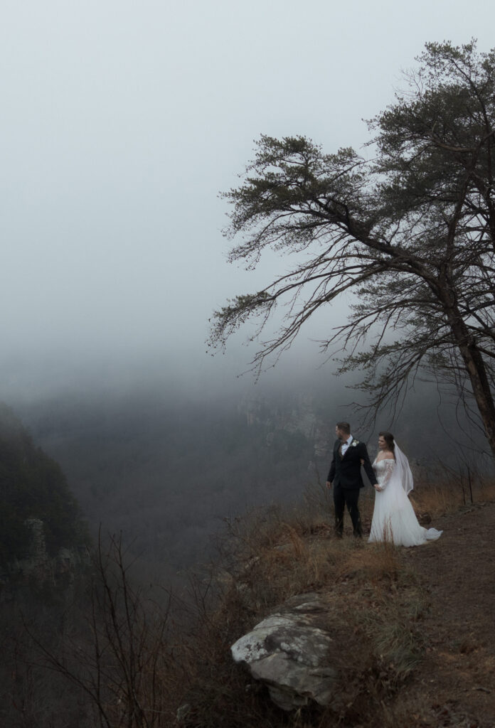 Eloping couple standing on rocks beneath a waterfall at Cloudland Canyon State Park surrounded by lush forest in winter
