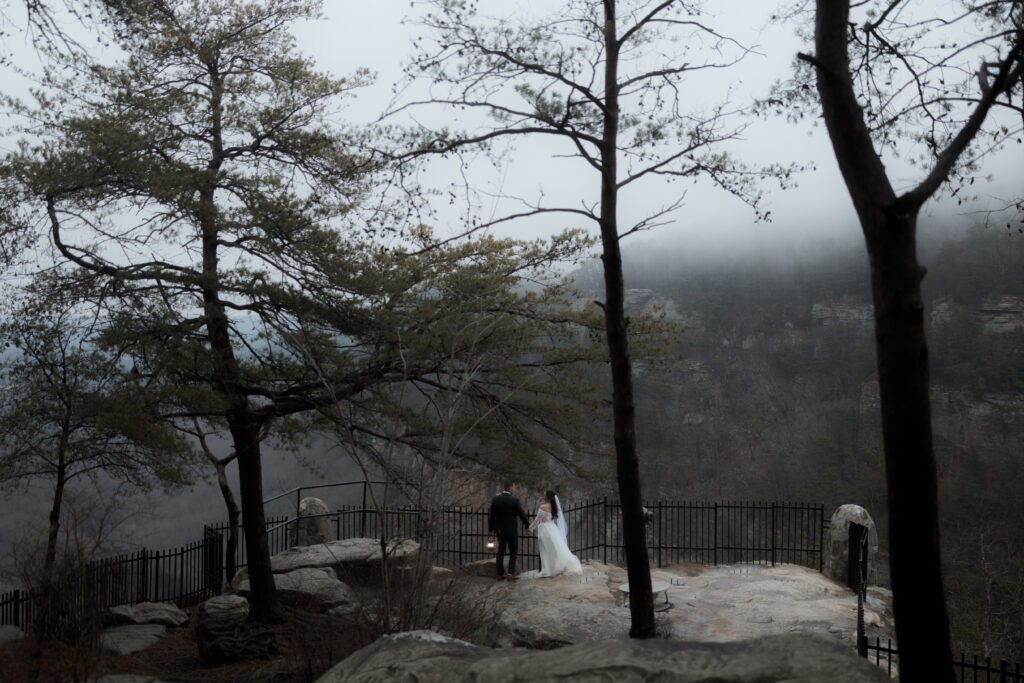 Moody canyon landscape at Cloudland Canyon State Park with fog drifting through the cliffs and trees for an imitate wedding