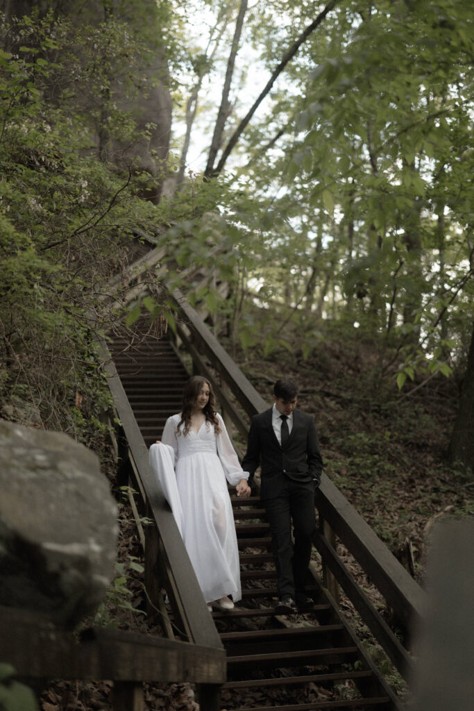Cloudland Canyon Wedding elopement guide bride and groom hike down to waterfall north Georgia