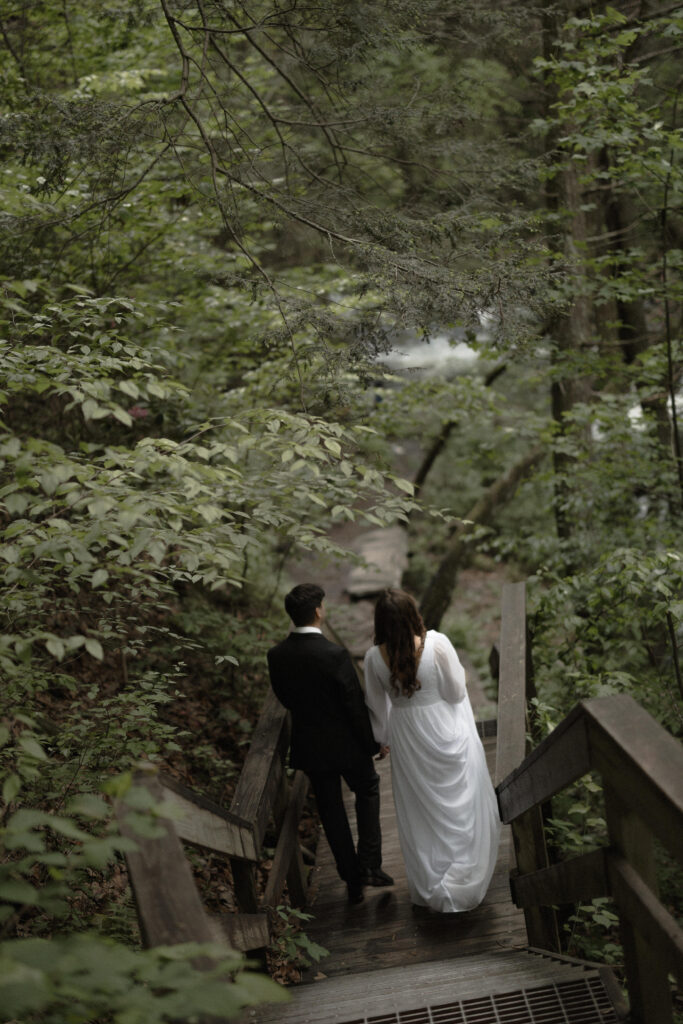Cloudland Canyon Wedding elopement bride and groom hike down to waterfall north Georgia