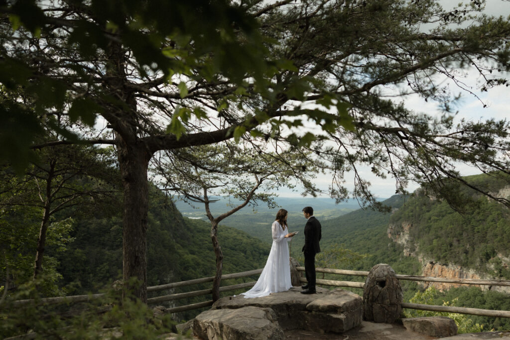 Cloudland Canyon Wedding elopement guide bride and groom hike down to waterfall north Georgia