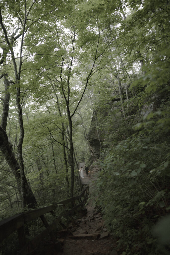 Cloudland Canyon Wedding elopement guide bride and groom hike down to waterfall north Georgia
