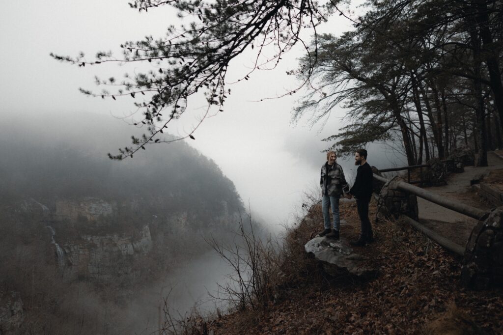 Cloudland Canyon Wedding elopement guide bride and groom hike down to waterfall north Georgia