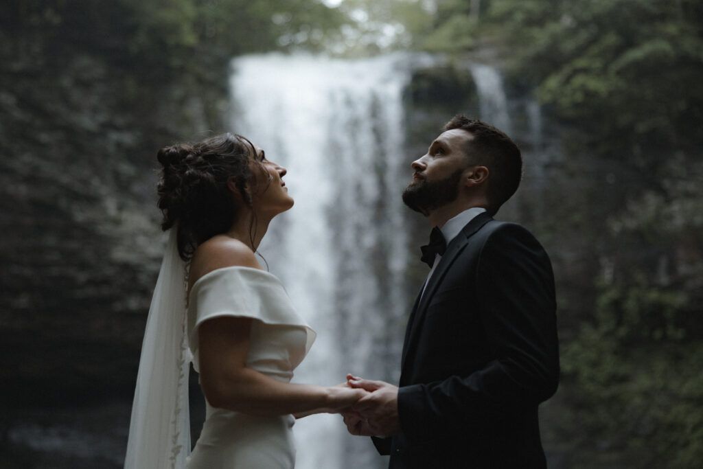 Cloudland Canyon Wedding elopement bride and groom hike down to waterfall north Georgia