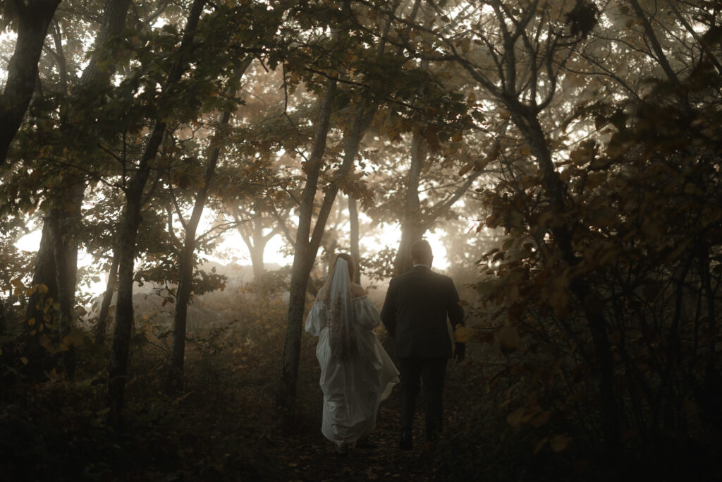 Bride and groom standing on a misty overlook in Shenandoah National Park surrounded by rolling Blue Ridge Mountains and soft morning fog.