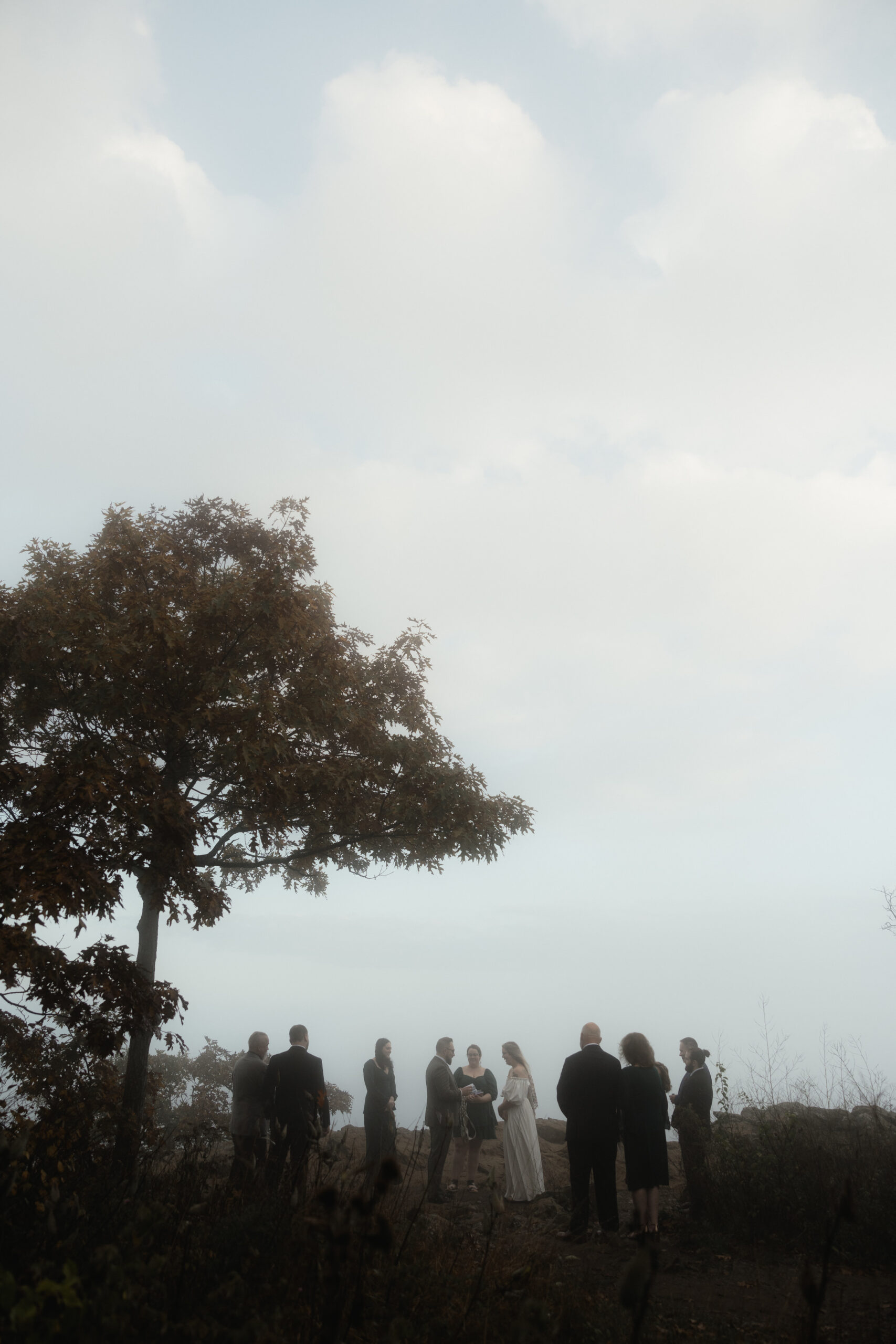 An intimate elopement on Upper Hawksbill Trail in Shenandoah National Park, Virginia. The couple hiked to the summit at sunrise, exchanging vows in a foggy, magical setting with breathtaking mountain views and their closest family and friends