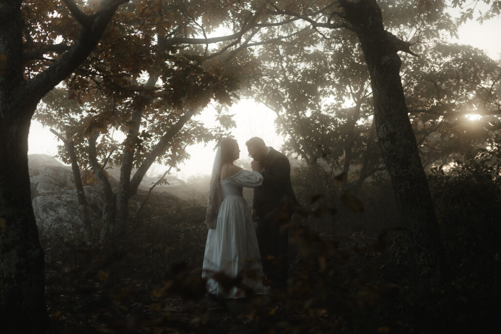 An intimate elopement on Upper Hawksbill Trail in Shenandoah National Park, Virginia. The couple hiked to the summit at sunrise, exchanging vows in a foggy, magical setting with breathtaking mountain views and their closest family and friends