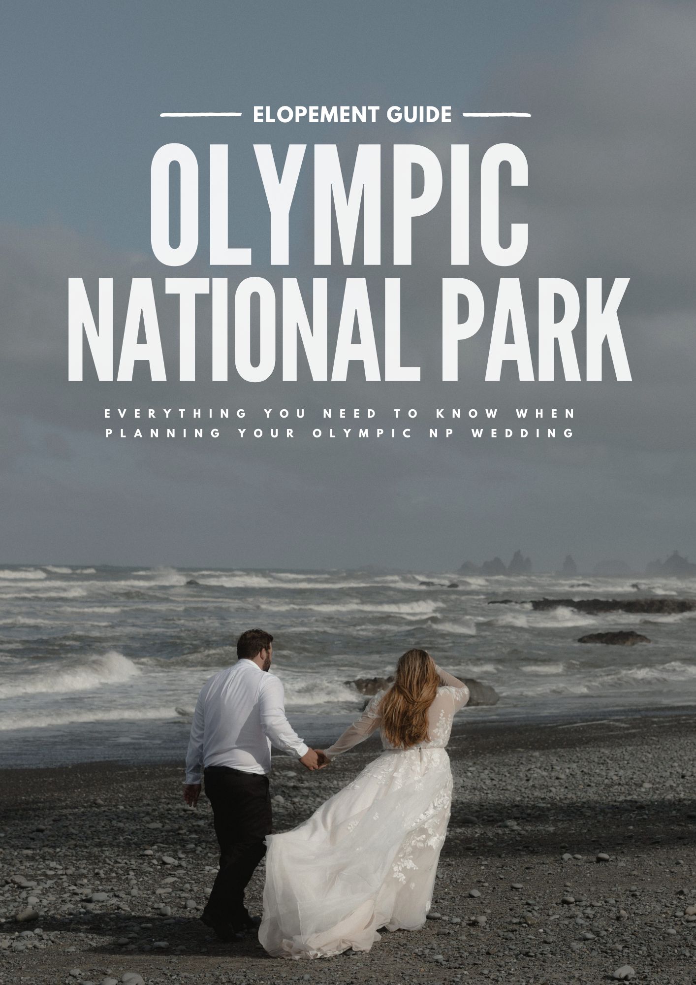 Romantic elopement portrait on Rialto Beach featuring iconic Olympic National Park sea stacks and moody coastal fog.