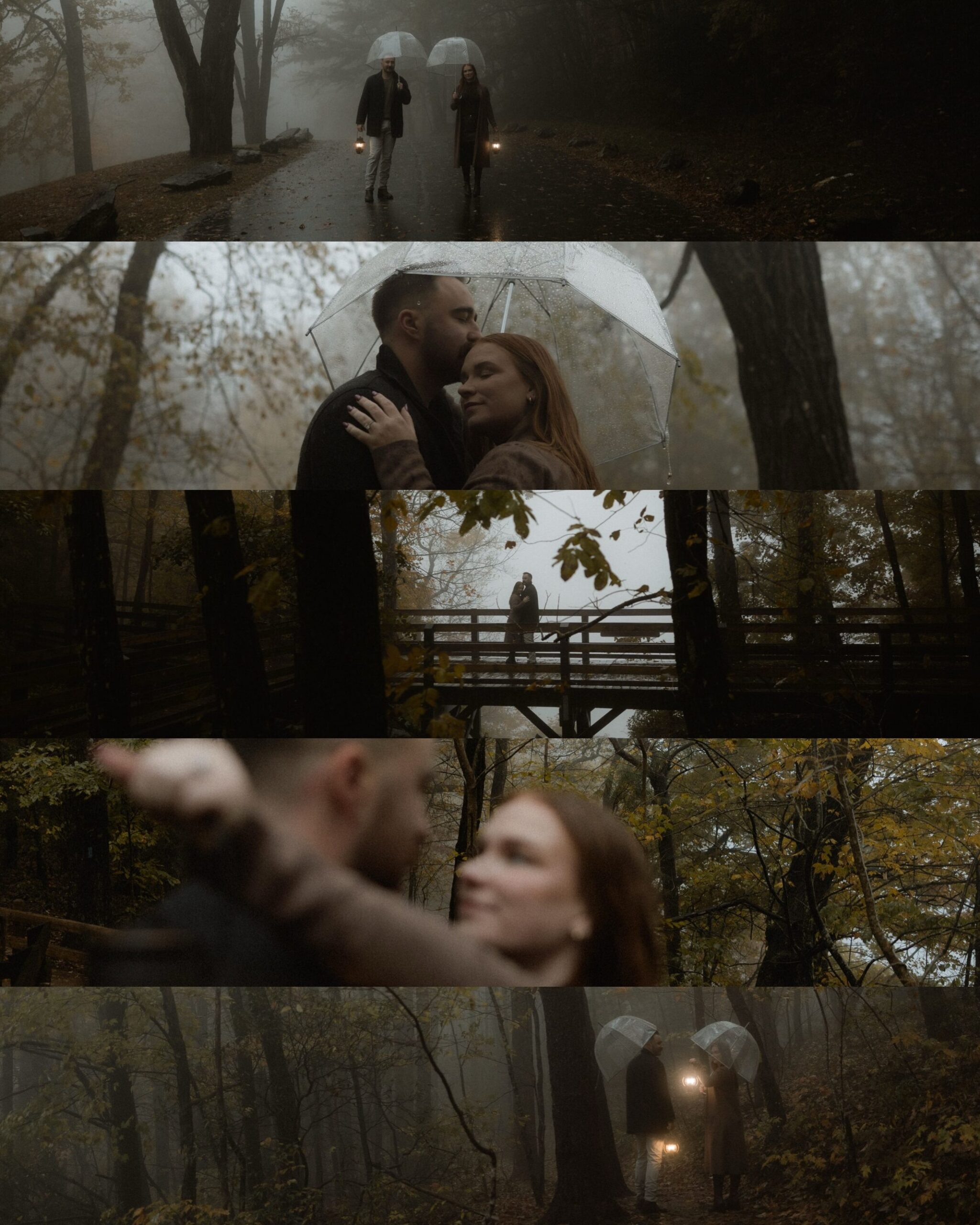 Couple walking hand in hand through fog with umbrellas during a rainy autumn engagement session at Amicalola Falls State Park in North Georgia