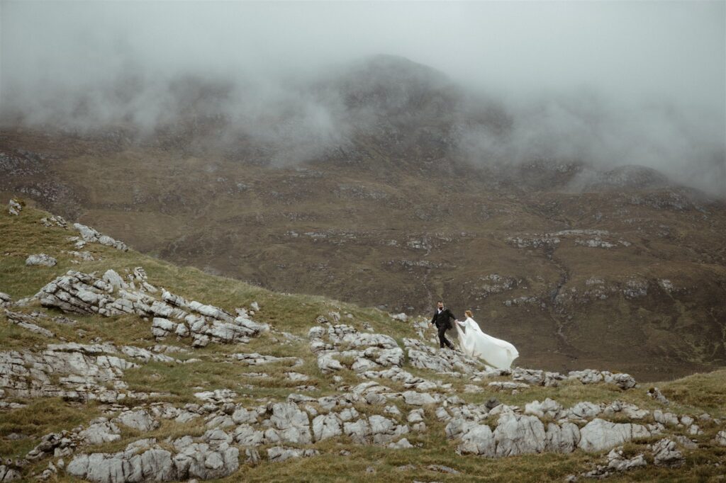 Bride and groom during an intimate Scotland destination wedding in the Scottish Highlands, captured with candid, cinematic wedding photography.