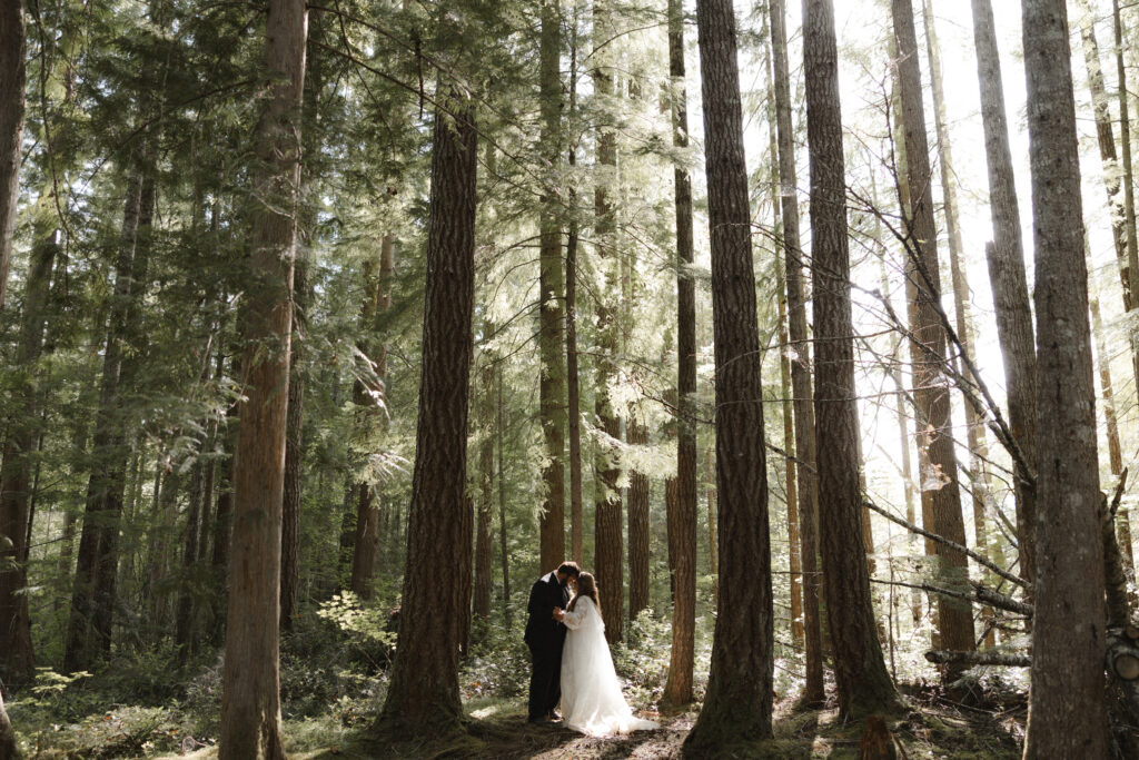 Eloping couple walking hand in hand through evergreen forest near Lake Cushman in Olympic National Park.