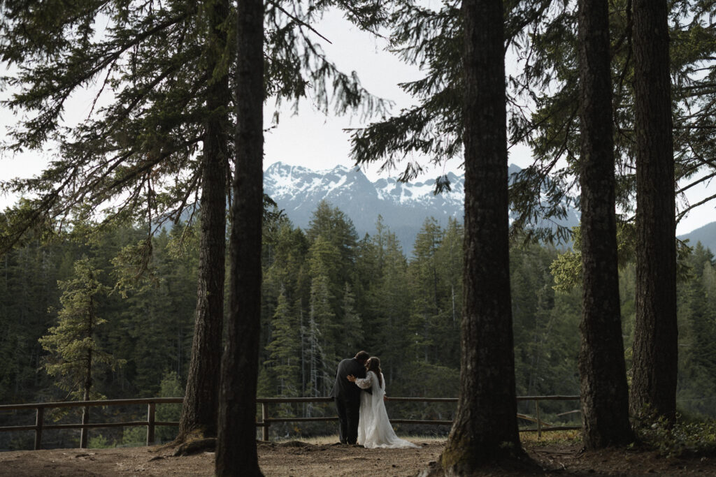Bride and groom embracing along the shoreline of Lake Cushman with evergreen forests and mountain reflections in Olympic National Park, Washington.