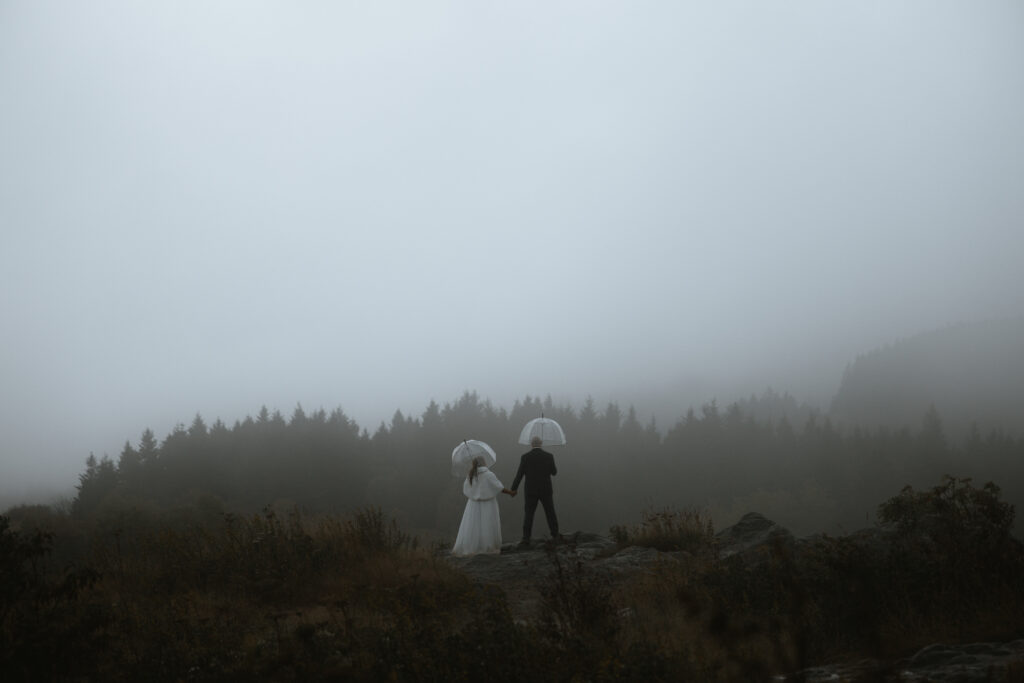 Bride and groom surrounded by thick mountain fog during their Blue Ridge Parkway elopement near Asheville